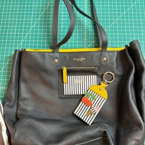 Henri Bendel Tote Black with Yellow Accents; Leather Tag & Enamel Pins - EUC
